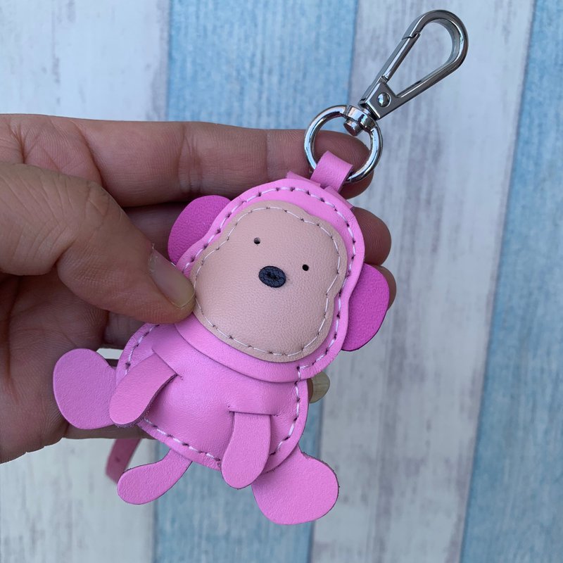 Healing items pink cute monkey pure hand-sewn leather keychain small size - ที่ห้อยกุญแจ - หนังแท้ สึชมพู