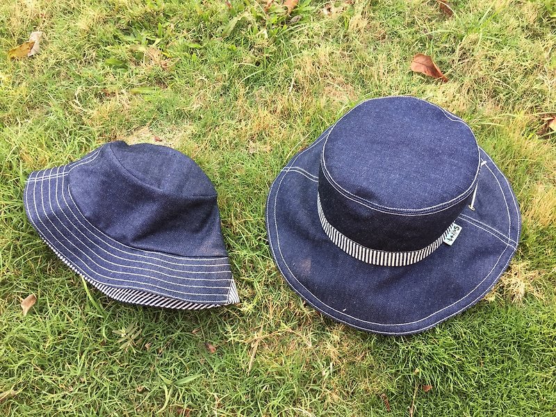*丹寧條紋經典/遮陽帽/漁夫帽* - 帽子 - 棉．麻 藍色