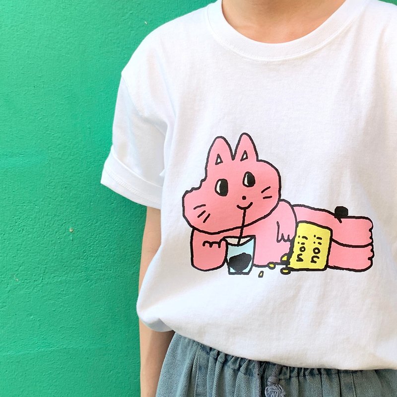Playing waste cat cat texture cotton tee - Women's T-Shirts - Cotton & Hemp Pink