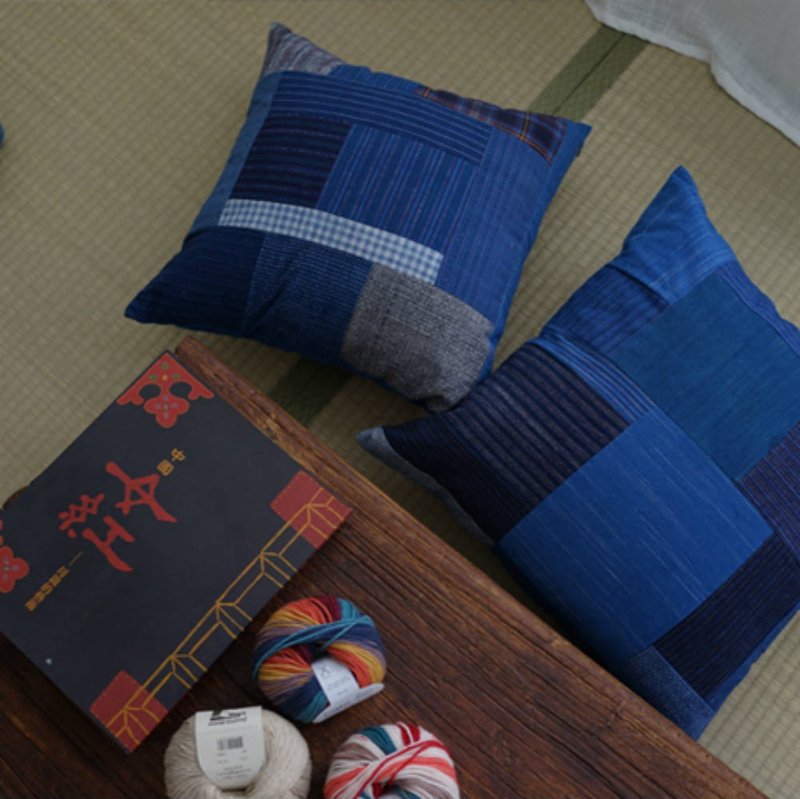 藍色拼布手織布 手作靠墊枕套 雙面土布座 飄窗靠枕抱枕套 - 枕頭/抱枕 - 棉．麻 藍色