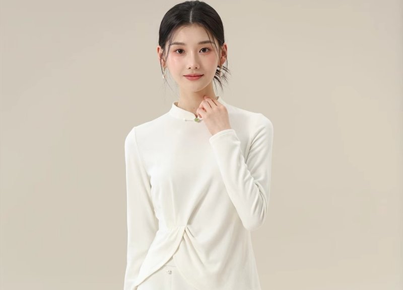 新中式復古中國風 百搭顯瘦上衣打底衫 - 女上衣/長袖上衣 - 其他材質 白色