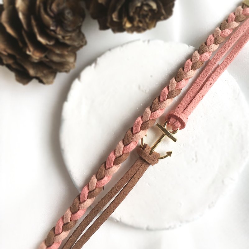 Handmade Double Braided Anchor Bracelets Rose Gold Series-rosy pink - สร้อยข้อมือ - วัสดุอื่นๆ สีนำ้ตาล