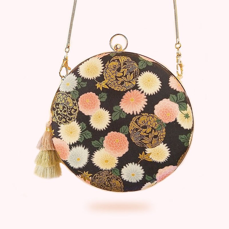 Japanese style lucky squid gilded colorful chrysanthemum small round bag two-color hand holding shoulder portable small round bag gift mouth gold bag - Messenger Bags & Sling Bags - Cotton & Hemp Blue