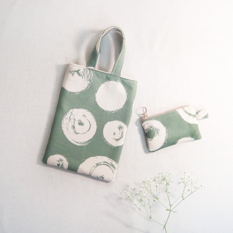 Spot gray green small waste bag tote bag with his coin purse - กระเป๋าถือ - ผ้าฝ้าย/ผ้าลินิน สีเขียว