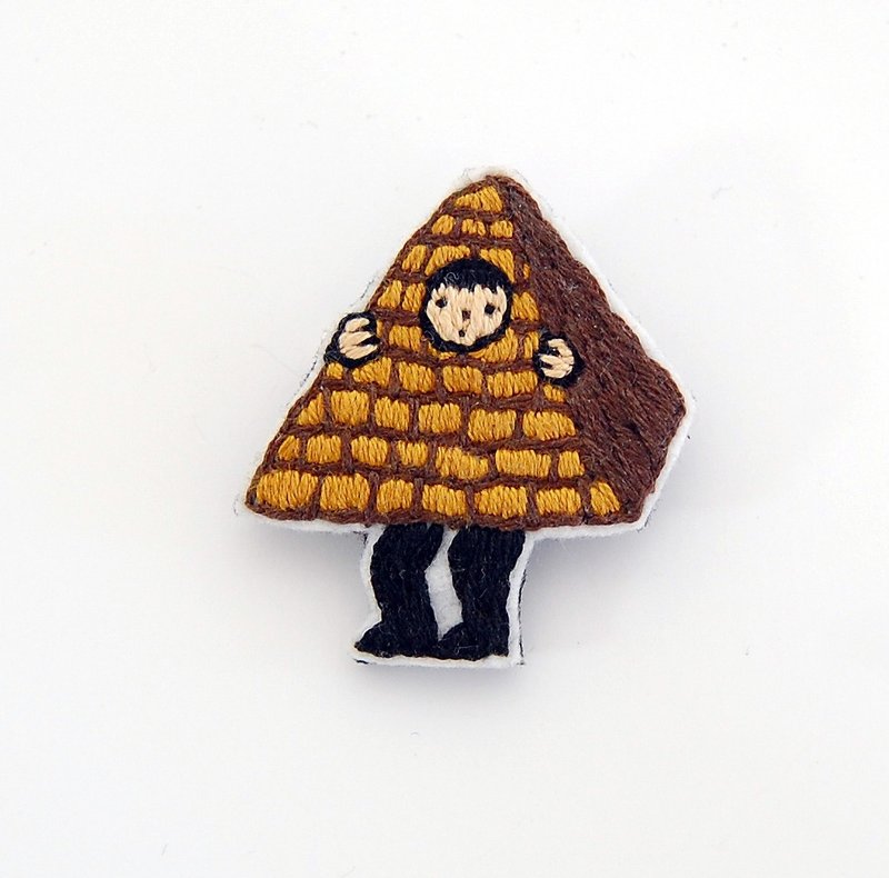 【受注制作】ピラミッドの刺繍ブローチ - 胸針 - 羊毛 咖啡色