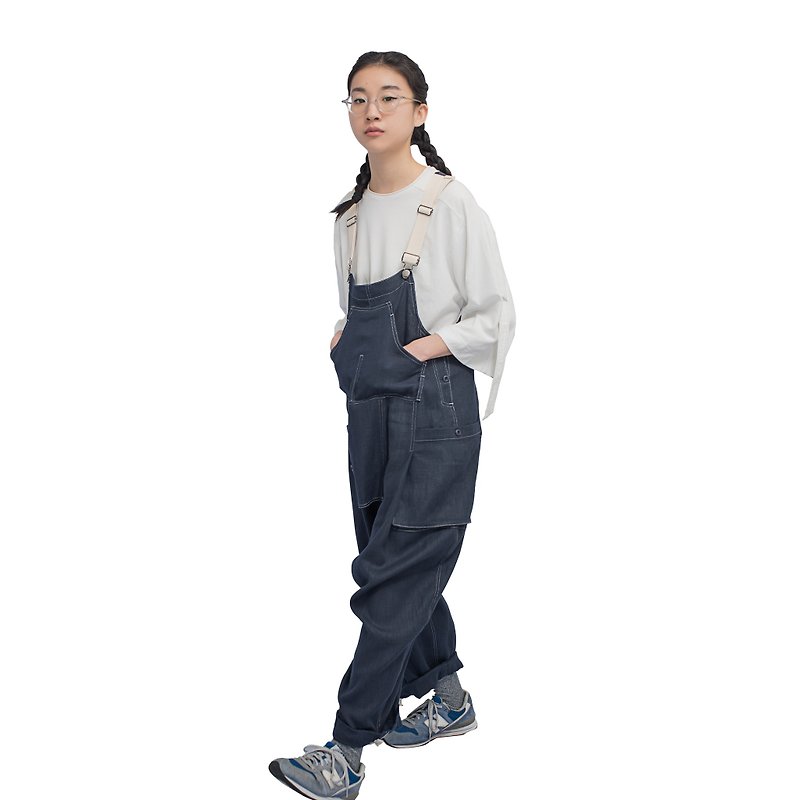 Rin OVAL overall suspenders bib pants dark blue - cotton and linen breathable - one-piece overalls - Overalls & Jumpsuits - Cotton & Hemp Blue
