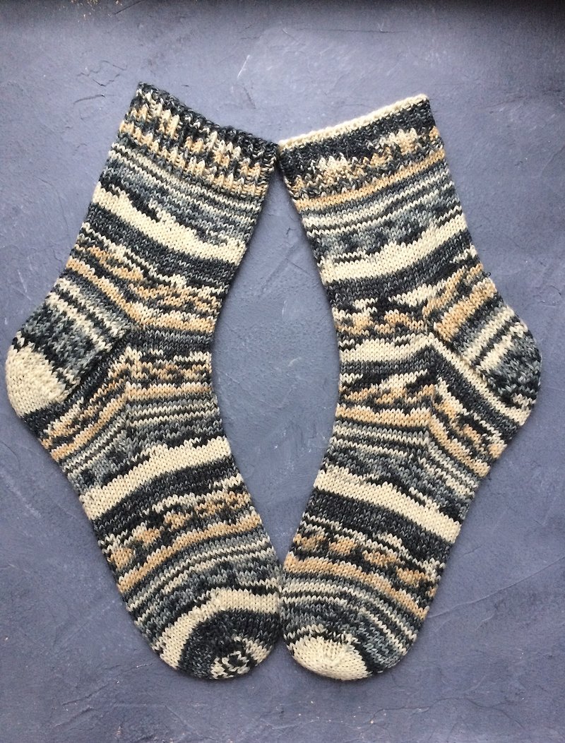 Wool Socks Gray - Women Men Unisex Wool Striped Multicolored Handmade Striped Socks