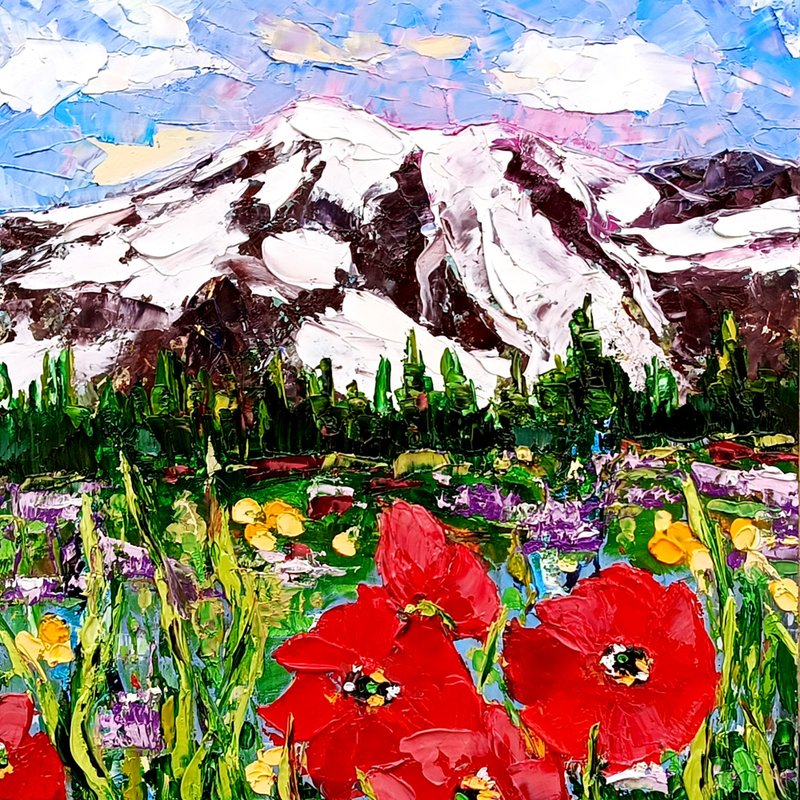 Mount Painting Landscape Original Art Mountains 10 x 10 - 壁貼/牆壁裝飾 - 其他材質 紅色