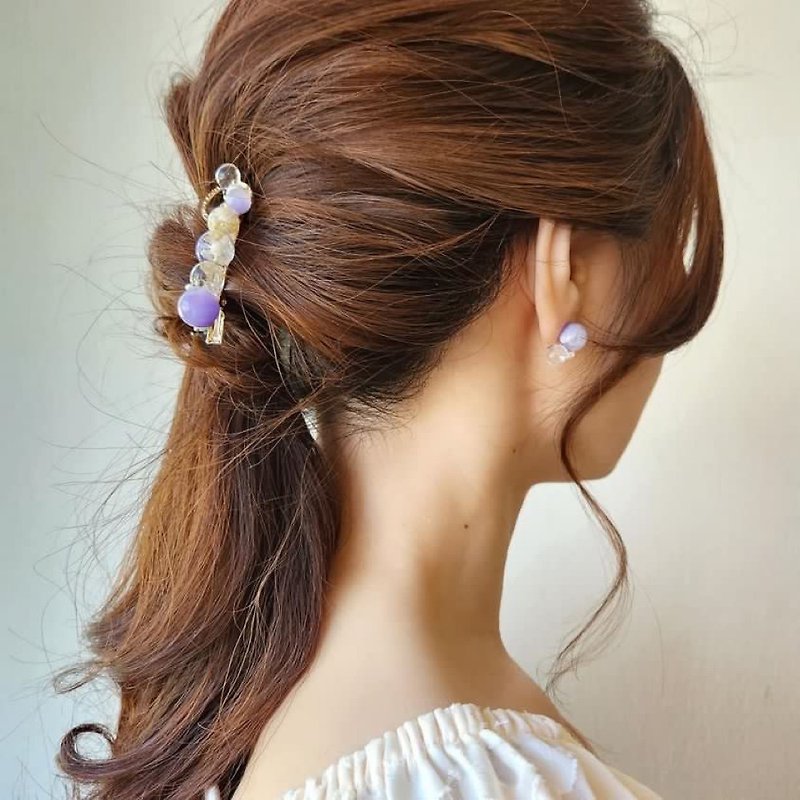 Hair clip Puffy purple and resin with flowers, freshwater pearl - เครื่องประดับผม - เรซิน สีม่วง
