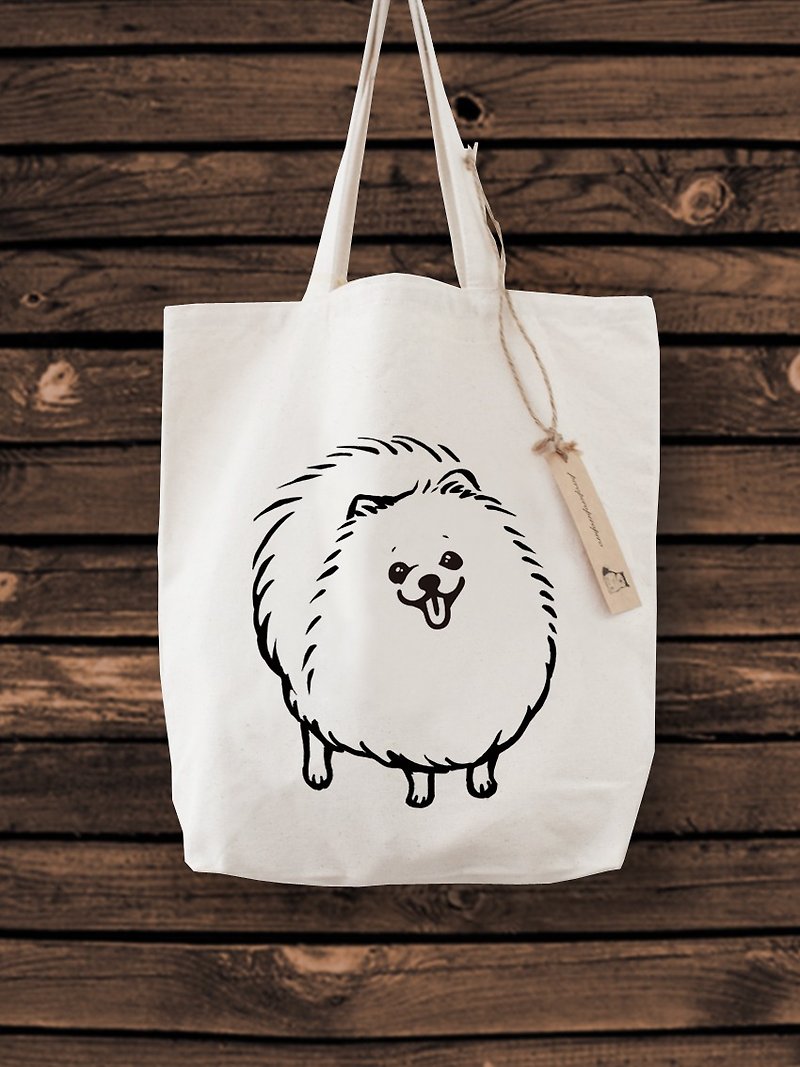 Pomeranian Tote Bag - กระเป๋าถือ - ผ้าฝ้าย/ผ้าลินิน ขาว