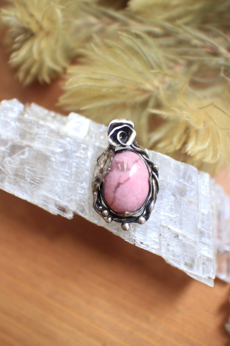 Rosette Pendant Rose Silver Pendant - Necklaces - Gemstone Pink