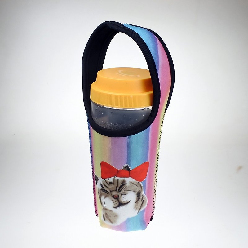 3貓小舖貓咪圖案環保飲料提袋 彩虹蝴蝶結貓 - 杯袋/飲料提袋 - 聚酯纖維 