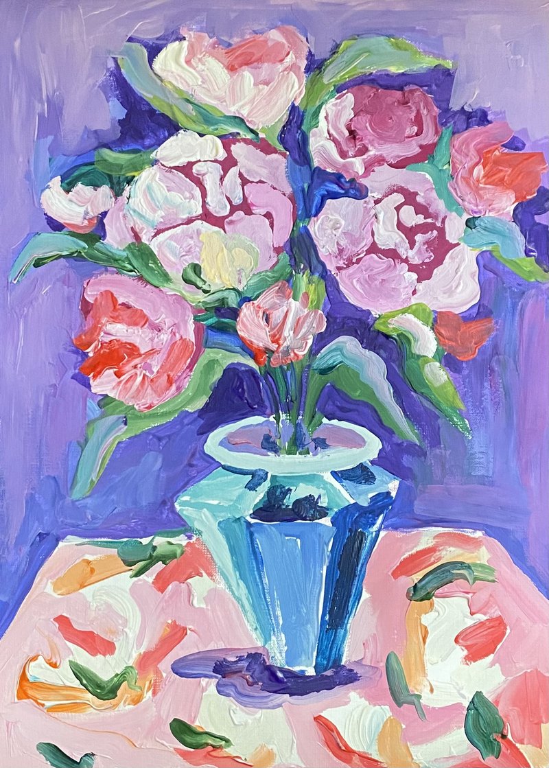 Still life with Peonies, Gouache painting on paper, Fauvism art, Matisse inspir - 壁貼/牆壁裝飾 - 紙 粉紅色