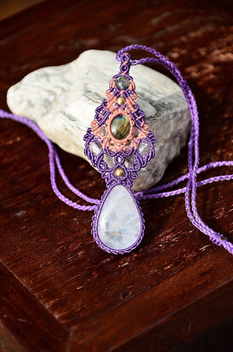 天然水晶月光石 拉長石 花邊編織項鍊 - 項鍊 - 寶石 紫色