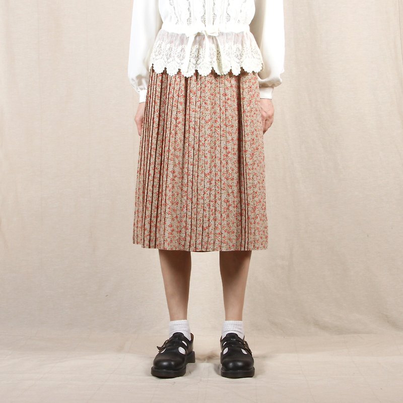 [Eggs] florid Xingsha Plant vintage print vintage pleated skirt - Skirts - Polyester Brown
