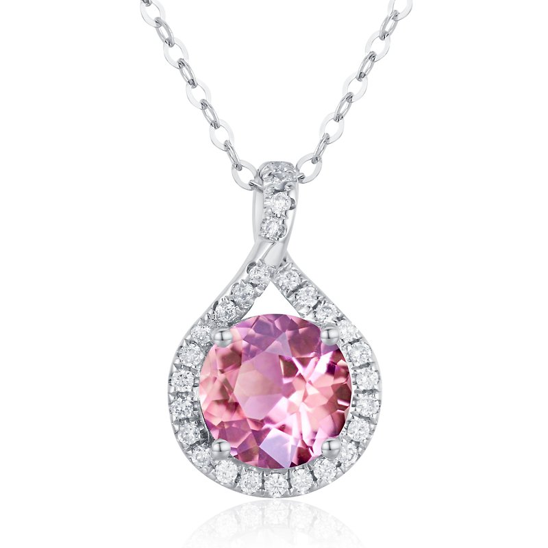Pink sapphire diamond necklace pendant-Dainty drop layering necklace with chain - สร้อยคอ - เครื่องประดับ สึชมพู