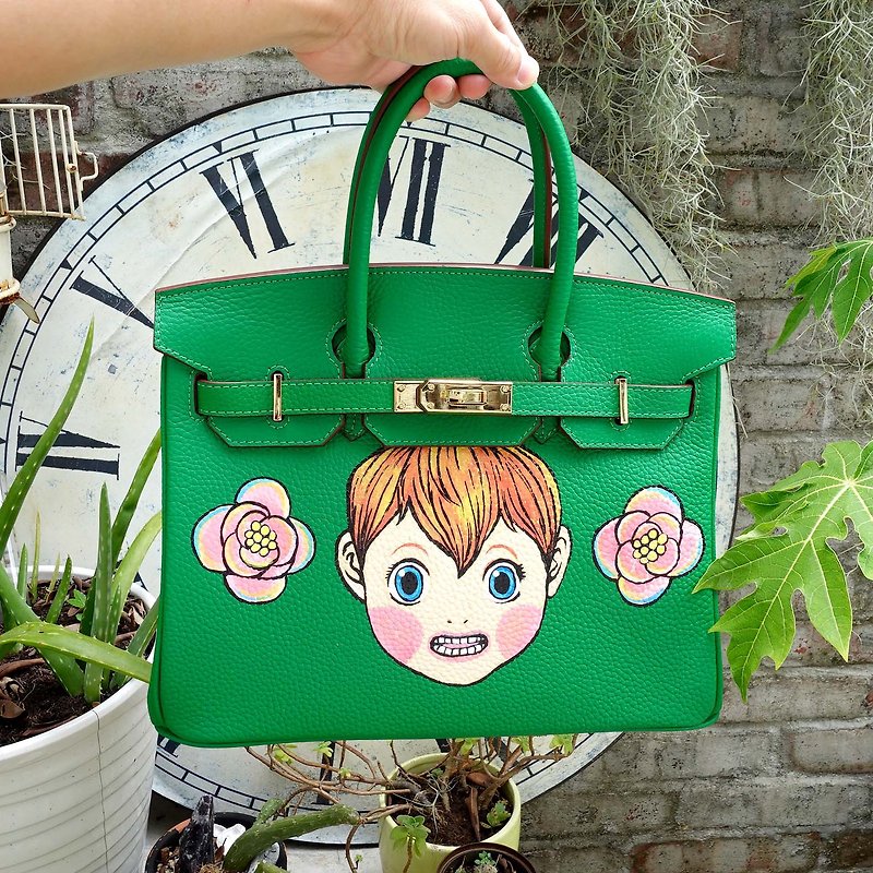 TIMBEE LO X GOOKASO designer hand-painted cat pattern top layer cowhide Brkin handbag bag - กระเป๋าถือ - หนังแท้ สีเขียว