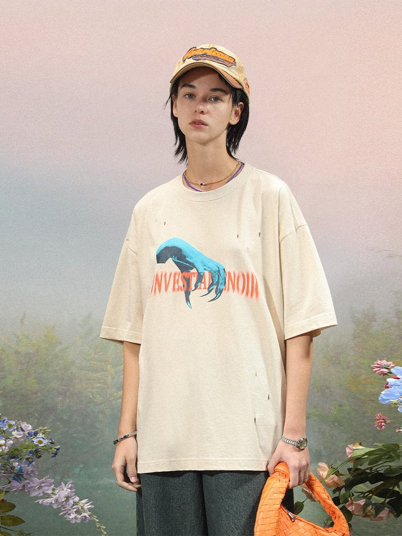 UNVESNO sleeping evil devil claw print summer cotton short-sleeved national tide T-shirt all-match boys SWS-1520 - เสื้อยืดผู้ชาย - ผ้าฝ้าย/ผ้าลินิน สีเขียว