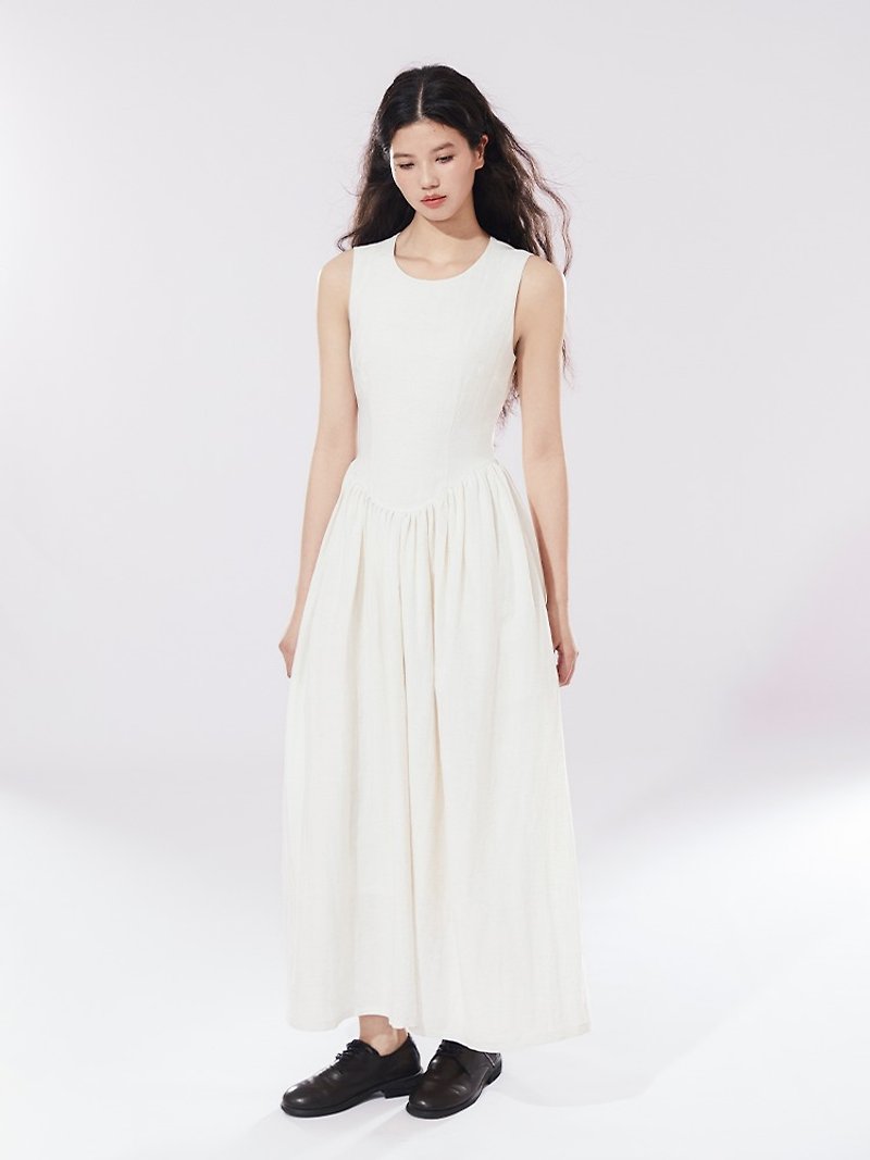 Linen slim dress for women summer waist pleated long dress - One Piece Dresses - Other Materials White
