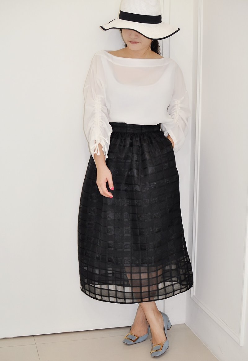 Flat 135 X Taiwanese designer translucent black checkered chiffon fabric French dress - Skirts - Polyester Black