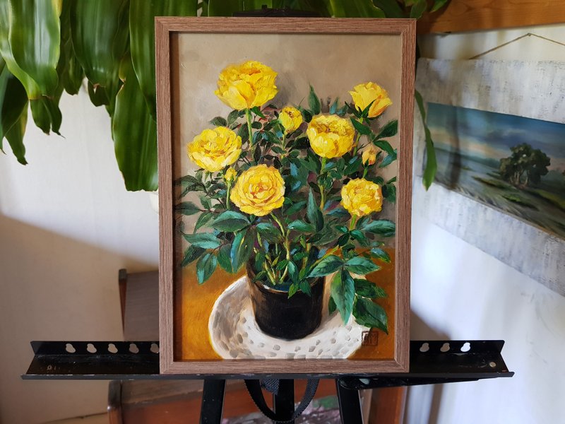 Original  Yellow roses flowers artwork hand painted oil painting framed - 壁貼/牆壁裝飾 - 其他材質 