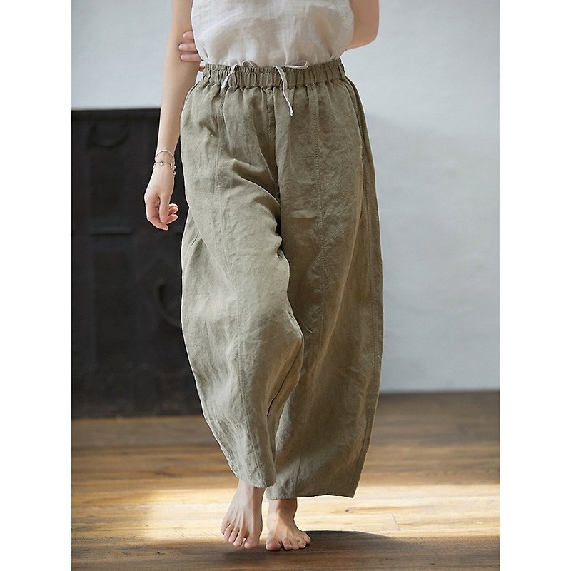 Brown and green hemp and blue-pattern dyed elastic waist drawstring carrot pants - Women's Pants - Cotton & Hemp 