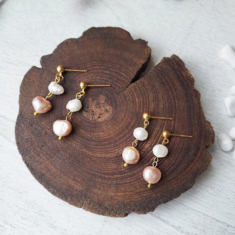 Double pearl earrings, natural freshwater pearl pendants, simple 14k gold-plated earrings and Clip-On - Earrings & Clip-ons - Pearl Pink
