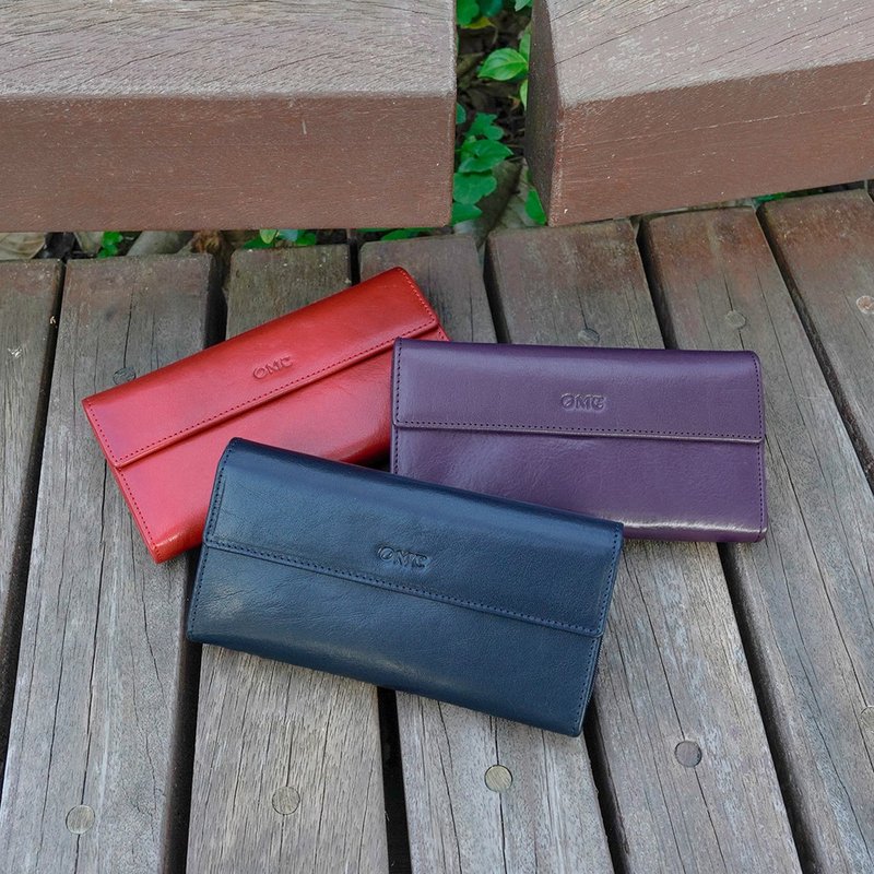 Italian vegetable tanned leather half-cover L zipper cowhide long clip (dark blue) - กระเป๋าสตางค์ - หนังแท้ 