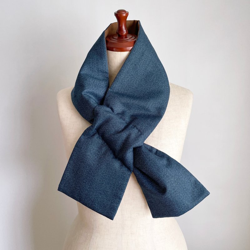【1点もの】着物 襟巻き ネックウォーマー -ウール着物地 紺細かい格子柄 & 新毛斯 茶色 - マフラー・ストール - ウール ブルー