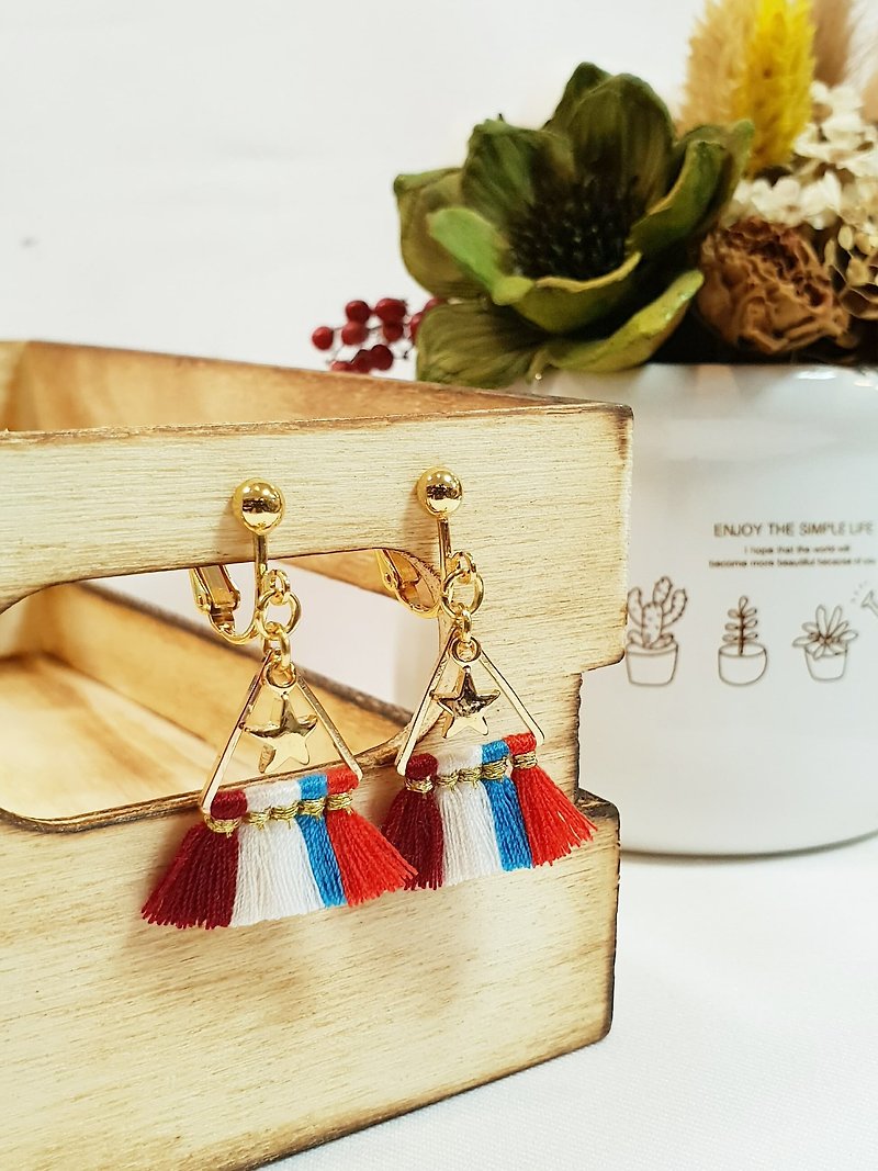 Paris*Le Bonheun. Three-pointed star colorful tassel earrings (ear pin / Clip-On clip type). Red blue white - Earrings & Clip-ons - Other Metals Multicolor