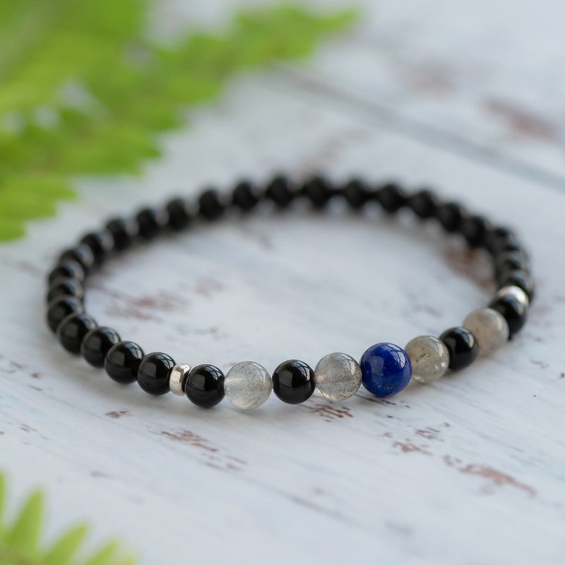 Obsidian series 6mm obsidian labradorite lapis lazuli single-layer bracelet - สร้อยข้อมือ - เครื่องประดับพลอย สีดำ