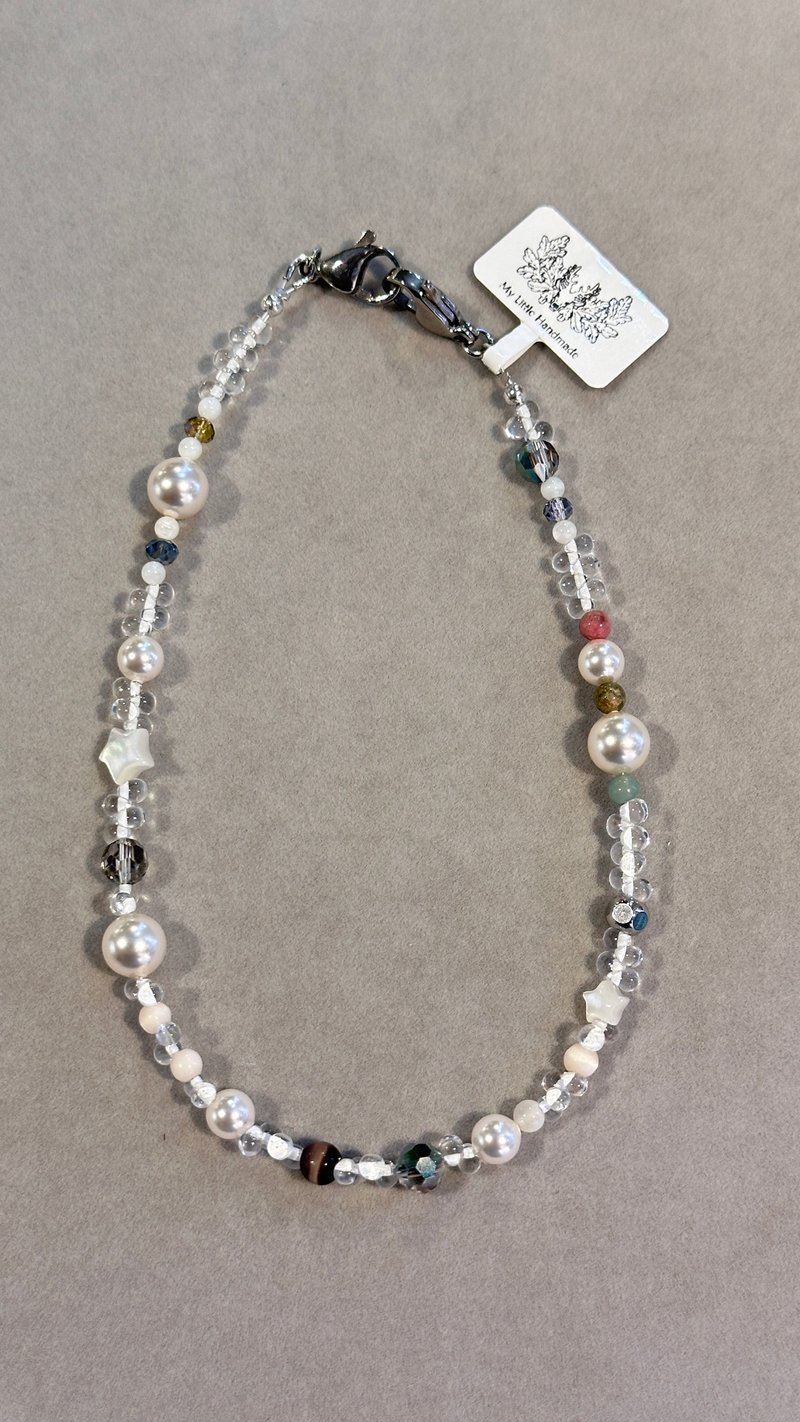 Austria Swarovski crystal pearl + semi- Gemstone phone lanyard/sling JP9H-002 - เชือก/สายคล้อง - ไข่มุก หลากหลายสี