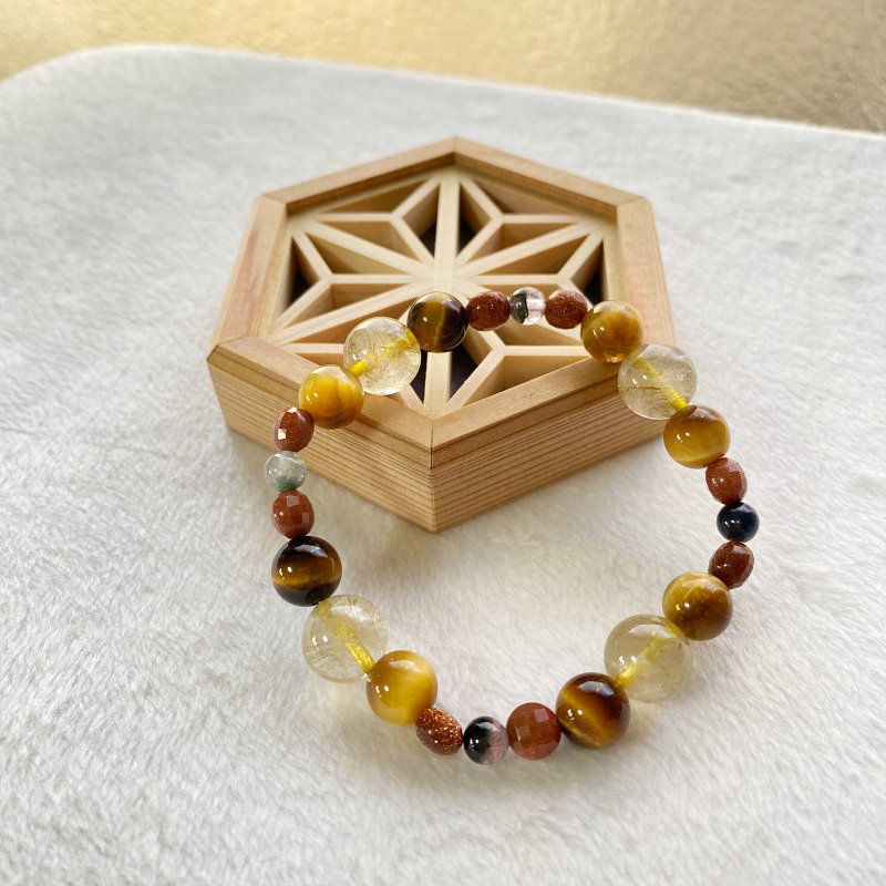 髮晶 黃虎眼 金運 防小人 天然水晶 日本手作 禮物 能量石手鍊 - 手鍊/手環 - 水晶 黃色