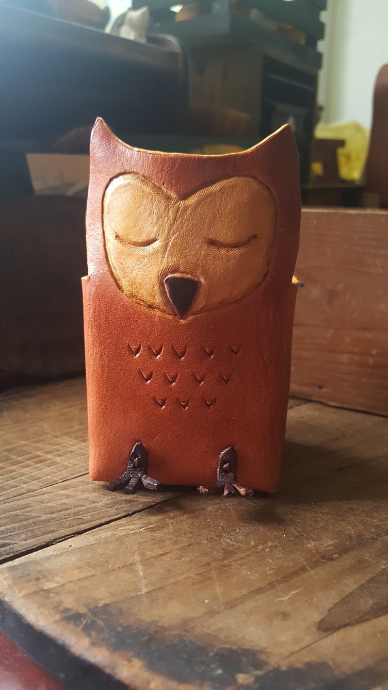 Vintage Dougu Owl Pure Leather Pen Holder (Birthday/Lover Gift) - กล่องดินสอ/ถุงดินสอ - วัสดุอื่นๆ สีนำ้ตาล