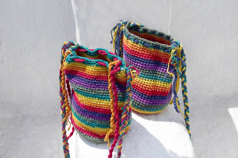 Christmas Gift Natural Cotton Crocheted Tassel Crossbody Bag/Side Bag/Shoulder Bag/Travel Bag-Rainbow Stripes - กระเป๋าแมสเซนเจอร์ - ผ้าฝ้าย/ผ้าลินิน หลากหลายสี