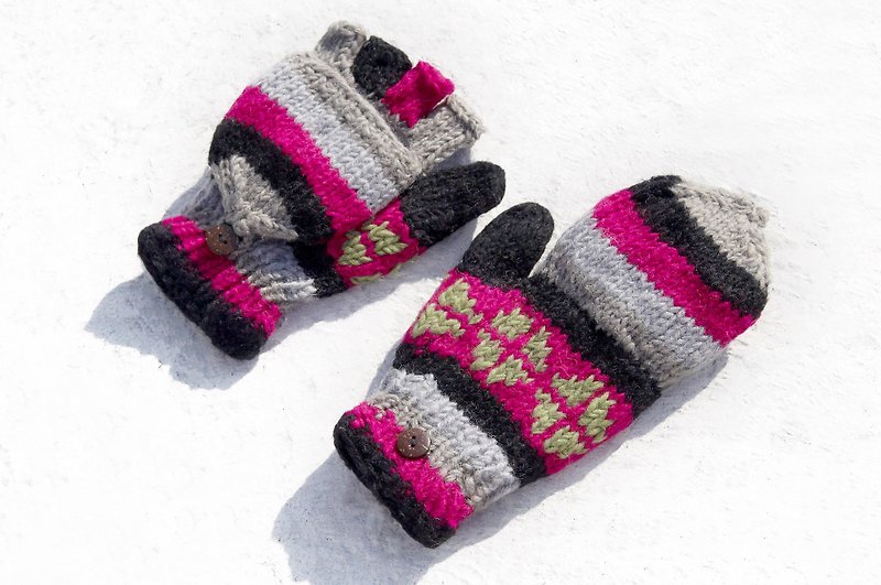 Christmas gift ideas gift exchange gift limited a hand-woven pure wool knitted gloves / detachable gloves / bristle gloves / warm gloves (made in nepal) - Spanish children's color contrast pink totem marine totem - ถุงมือ - ขนแกะ หลากหลายสี