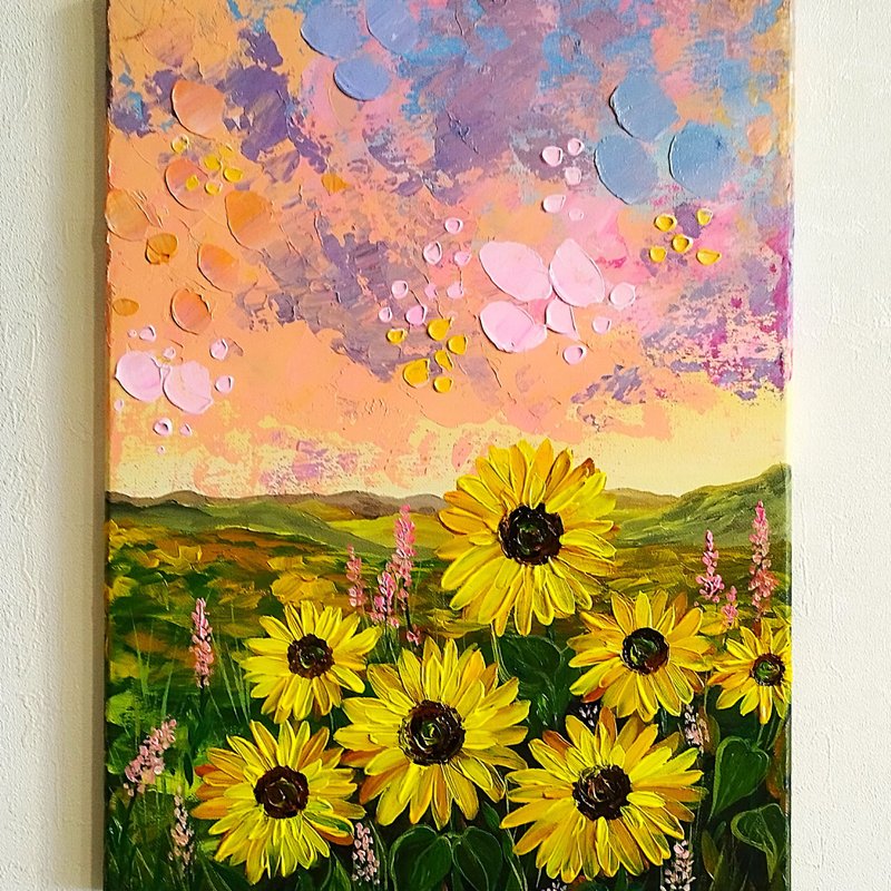 Sunflowers Acrylic Painting Landscape Textured Art Wall Decoration Artwork - 壁貼/牆壁裝飾 - 壓克力 多色