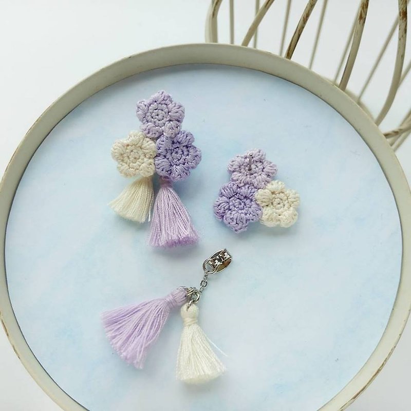 Pastel Purple Crochet Floral Tassel Earrings - Earrings & Clip-ons - Cotton & Hemp Purple