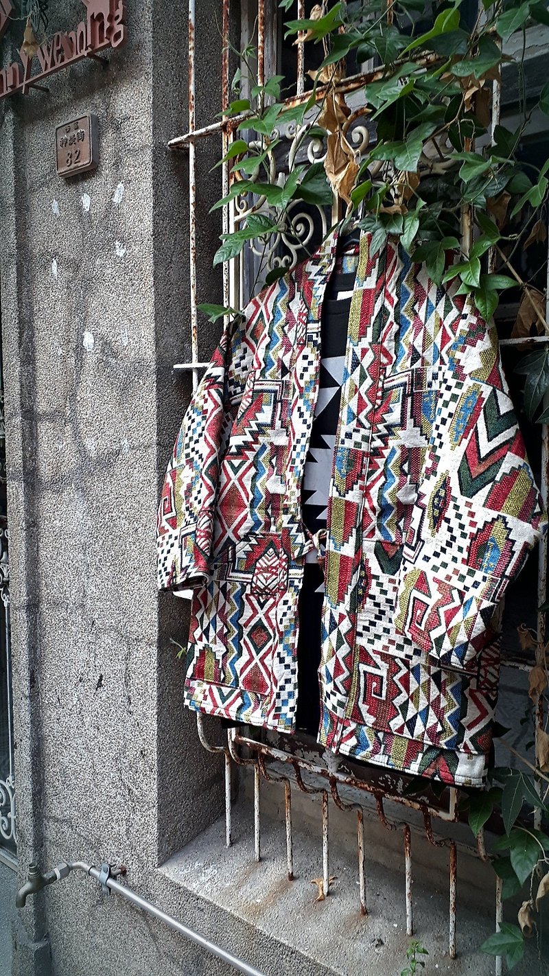AMIN'S SHINY WORLD手工訂製KIMONO古著粗提花民族幾何罩衫大衣 - 外套/大衣 - 棉．麻 多色