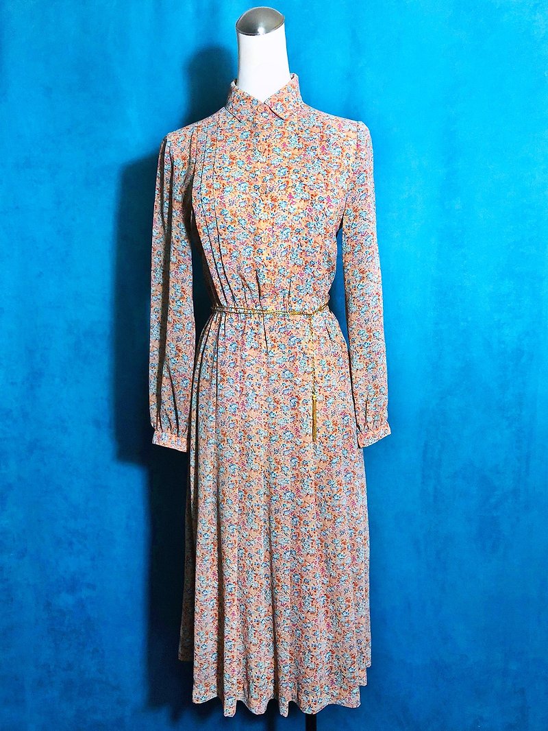Warm flowers, long-sleeved vintage dress / brought back to VINTAGE abroad - ชุดเดรส - เส้นใยสังเคราะห์ สีส้ม