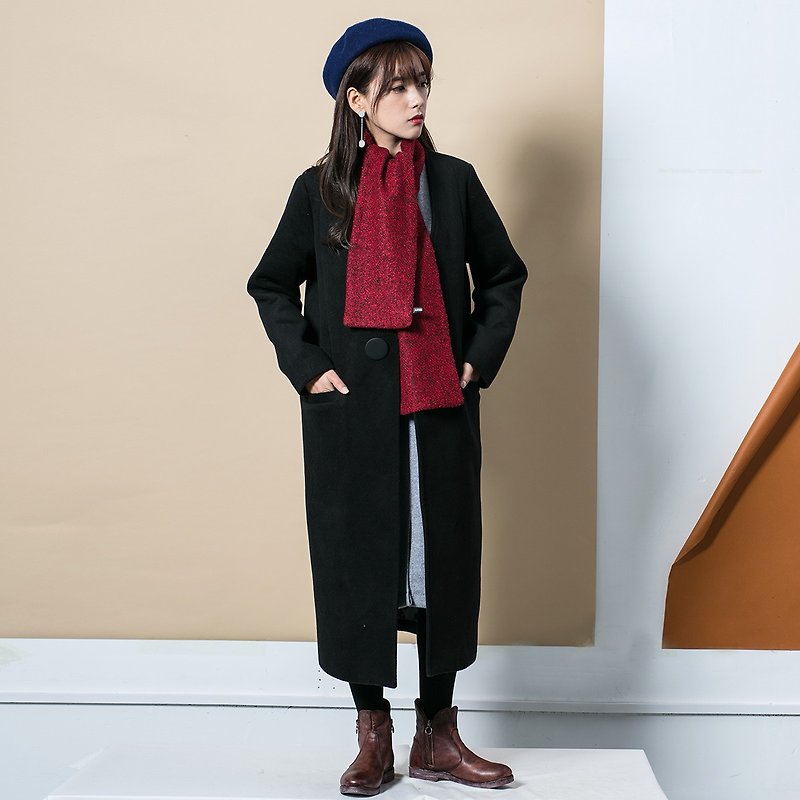Annie Chen 2016 autumn and winter new Korean Women V-neck long section woolen coat child coat tide students - เสื้อแจ็คเก็ต - ผ้าฝ้าย/ผ้าลินิน สีดำ