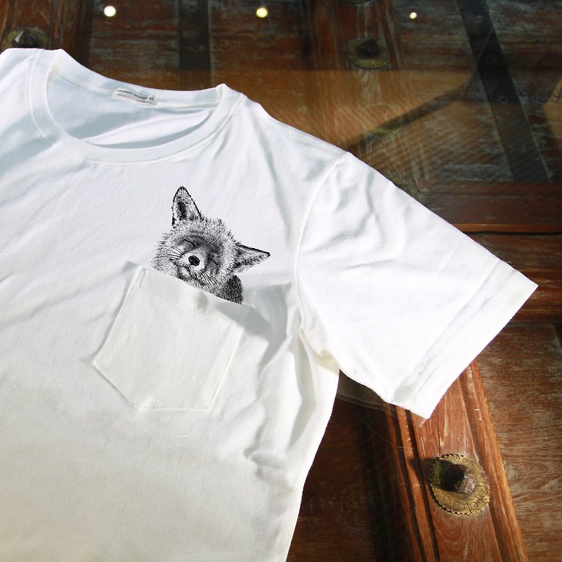 【口袋動物園】狐 - 男 T 恤 - 棉．麻 白色