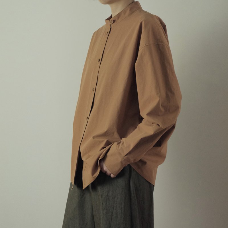 Autumn Stand Collar Minimalist Long Sleeve Shirt - Orange Brown - เสื้อเชิ้ตผู้หญิง - ผ้าฝ้าย/ผ้าลินิน 