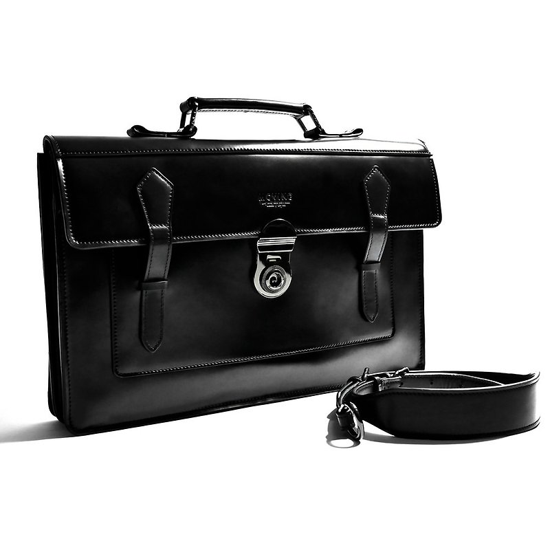 Full black leather briefcase - large - titanium button - Briefcases & Doctor Bags - Genuine Leather Black