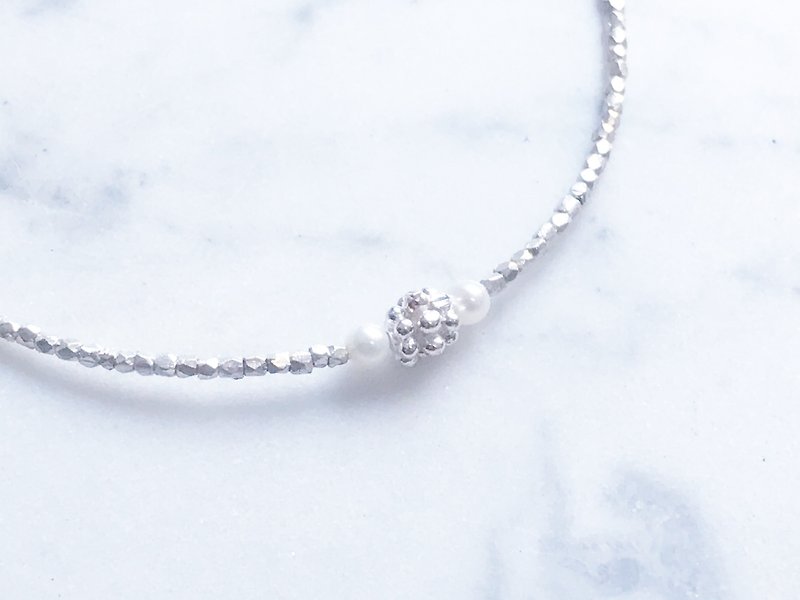 :: Silver Mine Series :: Mini Multi-faceted Silver Blocks Two Pearl Lace Flower Sterling Silver Bracelets - Bracelets - Silver 