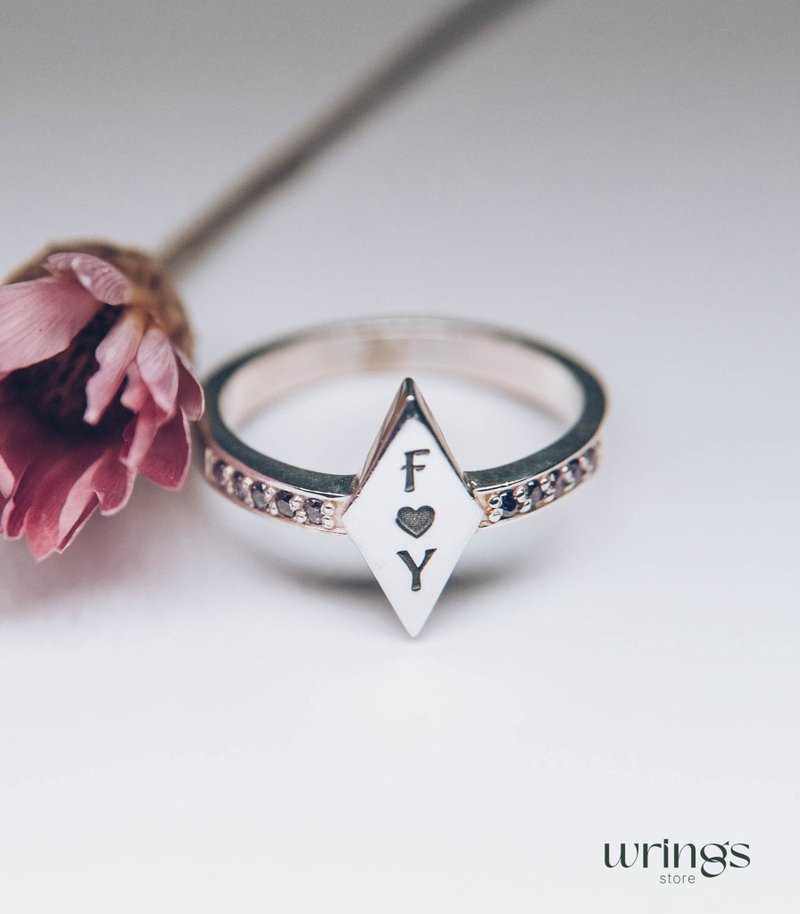 Personalized Initials Silver Promise Ring for Her Cute Amethysts Custom Gems - 戒指 - 純銀 銀色