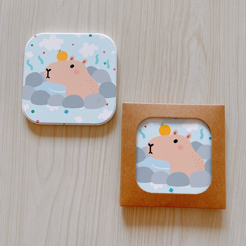 Capybara in the hot spring square absorbent coaster (smaller) - Coasters - Porcelain White