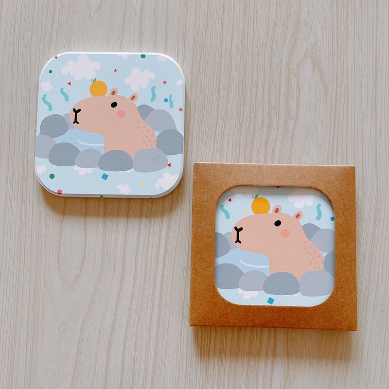 Capybara in the hot spring square absorbent coaster (smaller) - ที่รองแก้ว - เครื่องลายคราม ขาว