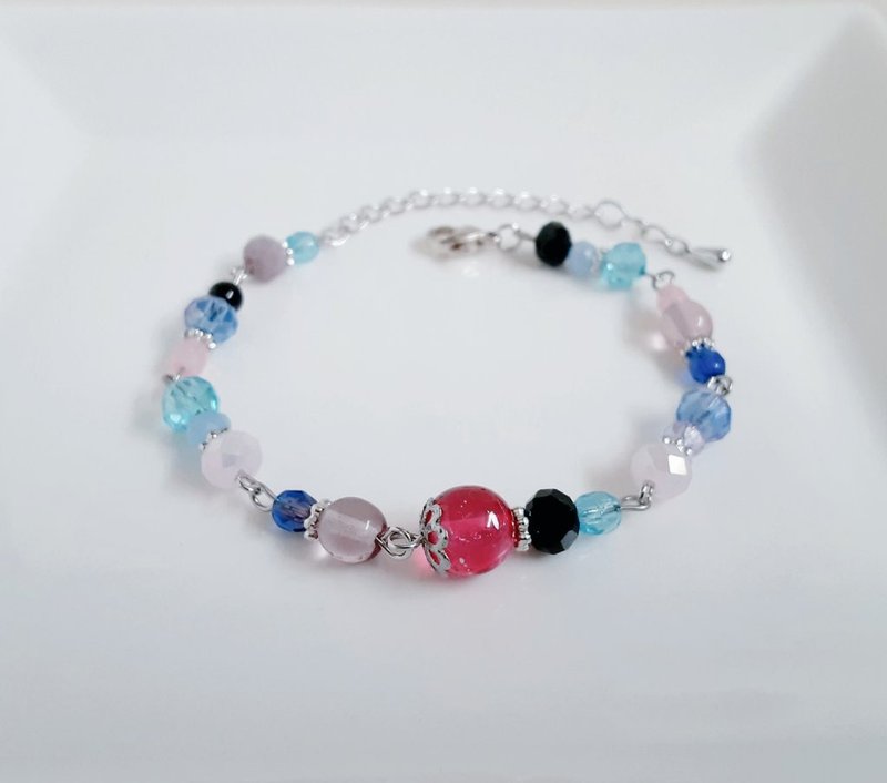 チェコビーズとガラスビーズのアクアブルーと淡いピンク色のブレスレット - 手鍊/手環 - 玻璃 銀色