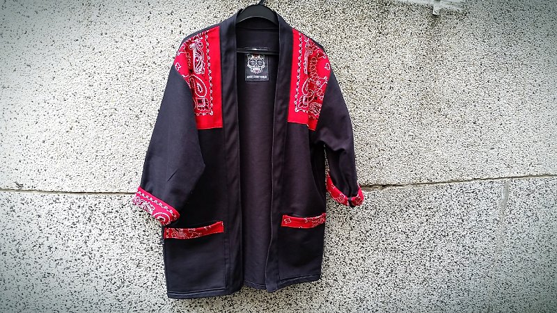 AMIN'S SHINY WORLD handmade custom KIMONO black bristles tannic fight amoeba red scarf smock coat - เสื้อโค้ทผู้ชาย - วัสดุอื่นๆ 